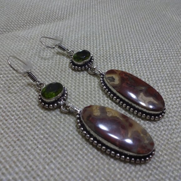 Natural "BLOODSTONE AGATE & PERIDOT" Handmade Sterling Dangle Earrings #773A - Picture 3 of 3